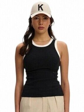 KuwallaTee Alex Rib Racerback Ribbed Henley Tank Black White Women Large Preppy